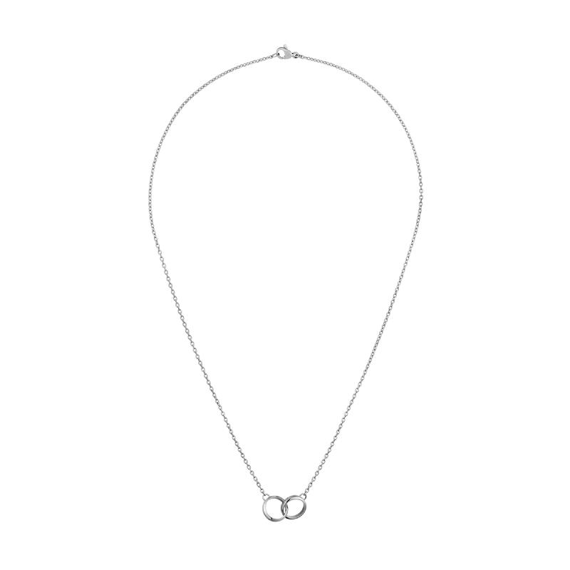 Daniel Wellington Elan Unity necklace in silver stainless steel featuring two interlocking rings on a delicate chain.