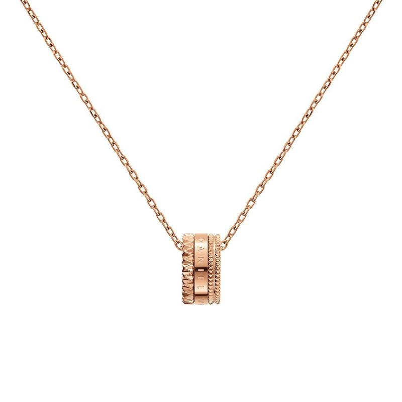 Daniel Wellington Elevation necklace in rose gold-plated stainless steel with a geometric pendant on a cable chain.