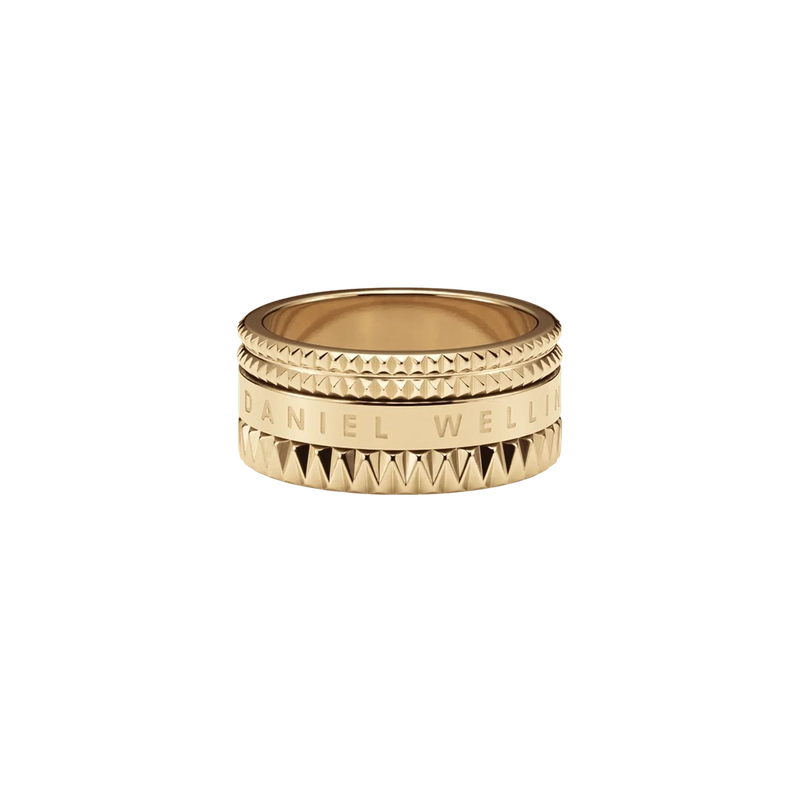 Daniel Wellington Elevation gold-plated stainless steel ring with a geometric, textured design and engraved logo.