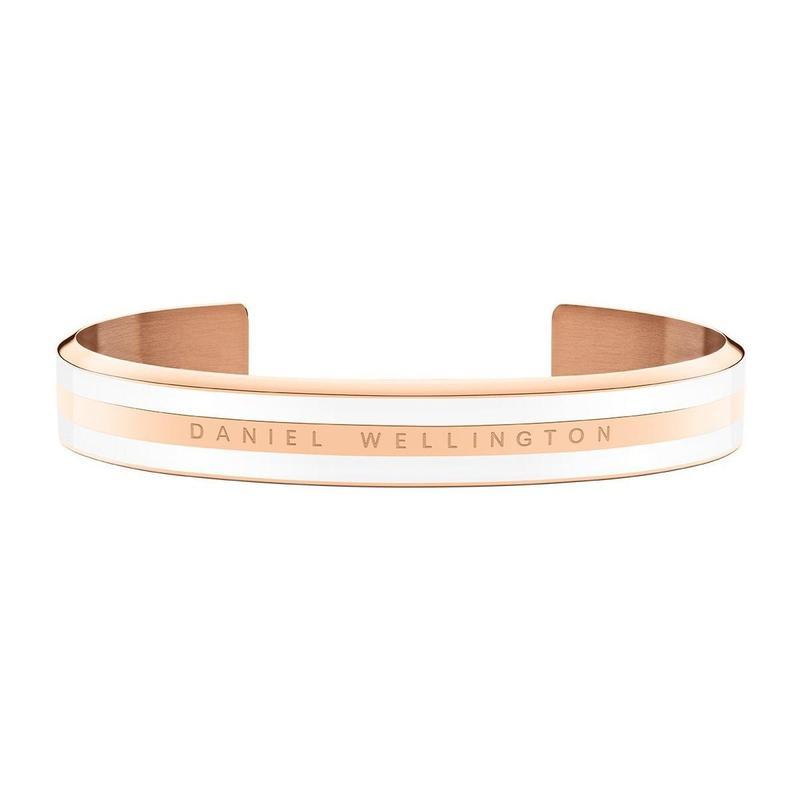 Daniel Wellington Emalie rose gold cuff bracelet with white enamel inlay and engraved logo, size M.