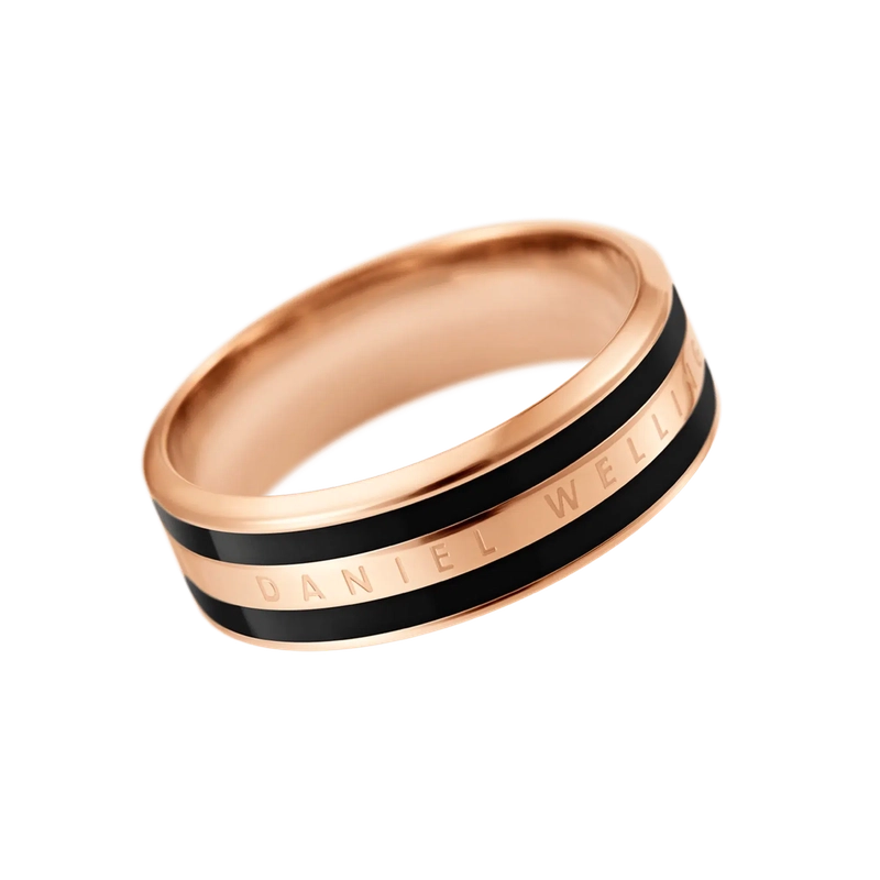 Daniel Wellington Emalie ring in rose gold-plated stainless steel with a sleek black enamel inlay and engraved logo.
