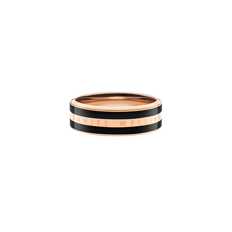 Daniel Wellington Emalie ring in black enamel and polished rose gold-plated stainless steel with minimalist engraving.