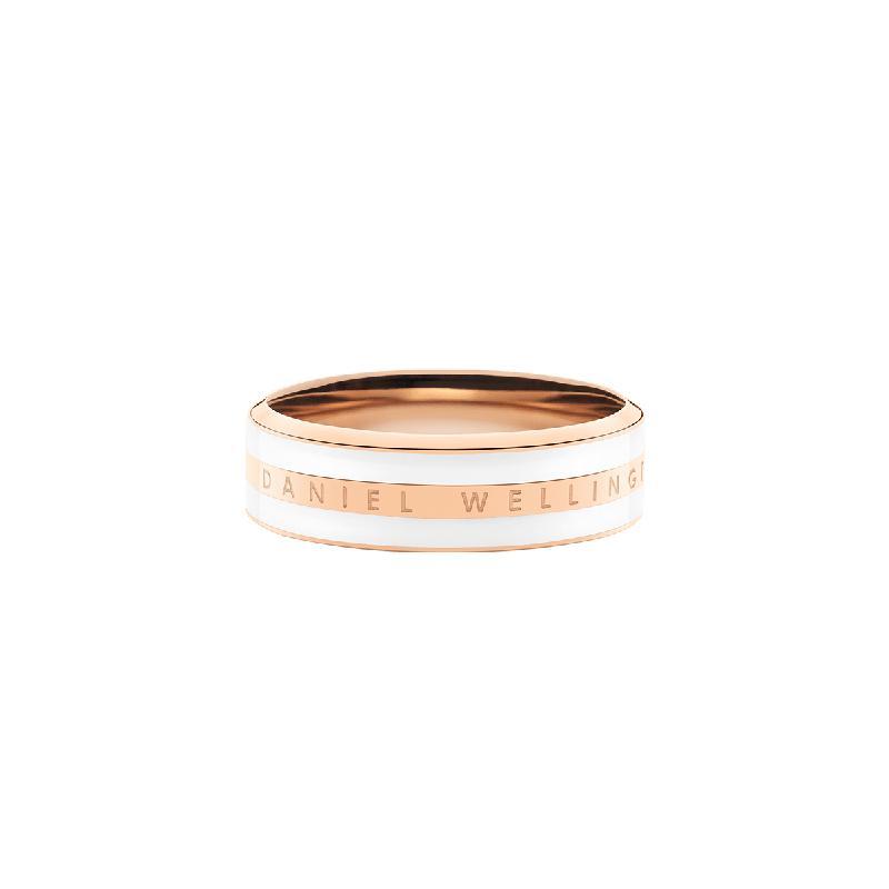 Daniel Wellington Emalie ring in rose gold stainless steel with a sleek white enamel inlay and engraved logo.