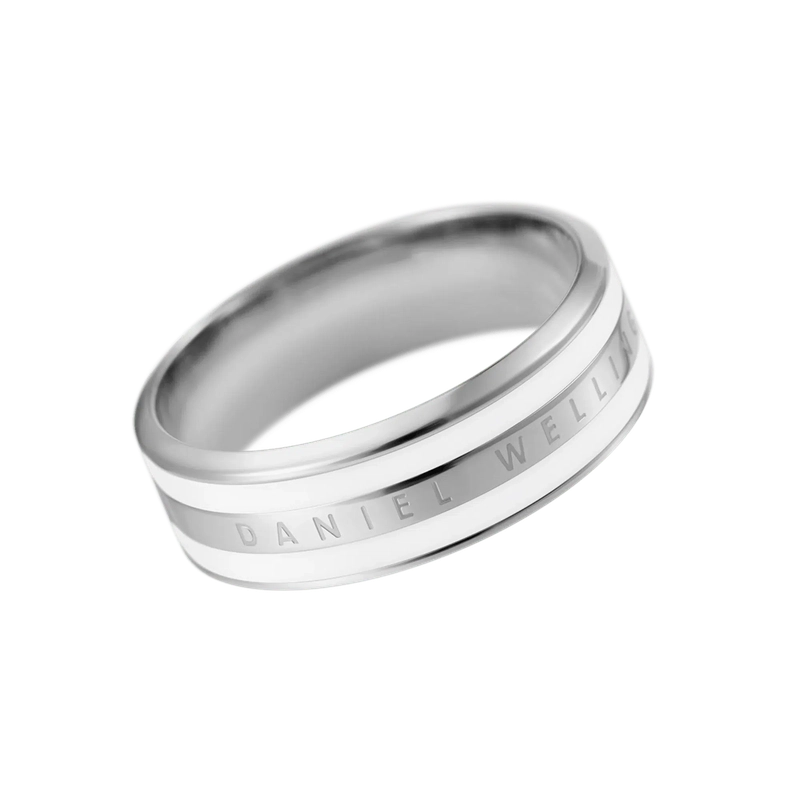 Daniel Wellington Emalie ring in silver stainless steel with a sleek satin white enamel inlay and engraved logo.