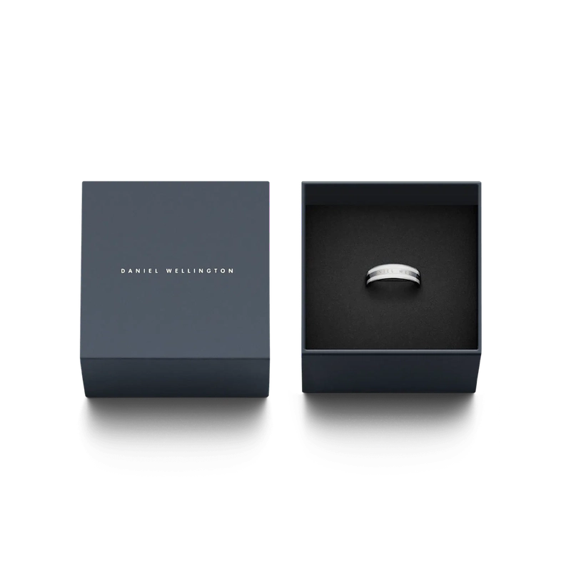 Daniel Wellington Emalie ring in silver stainless steel and white enamel, presented in a branded gift box.