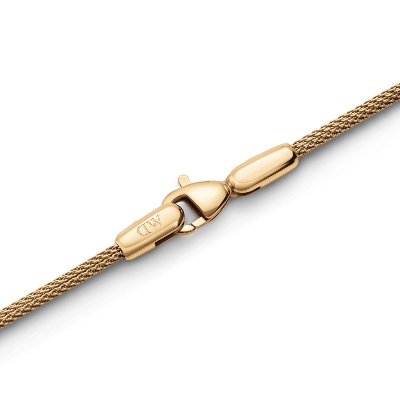 Daniel Wellington Evergold mesh bracelet in PVD gold stainless steel with a secure lobster clasp and DW logo detail.