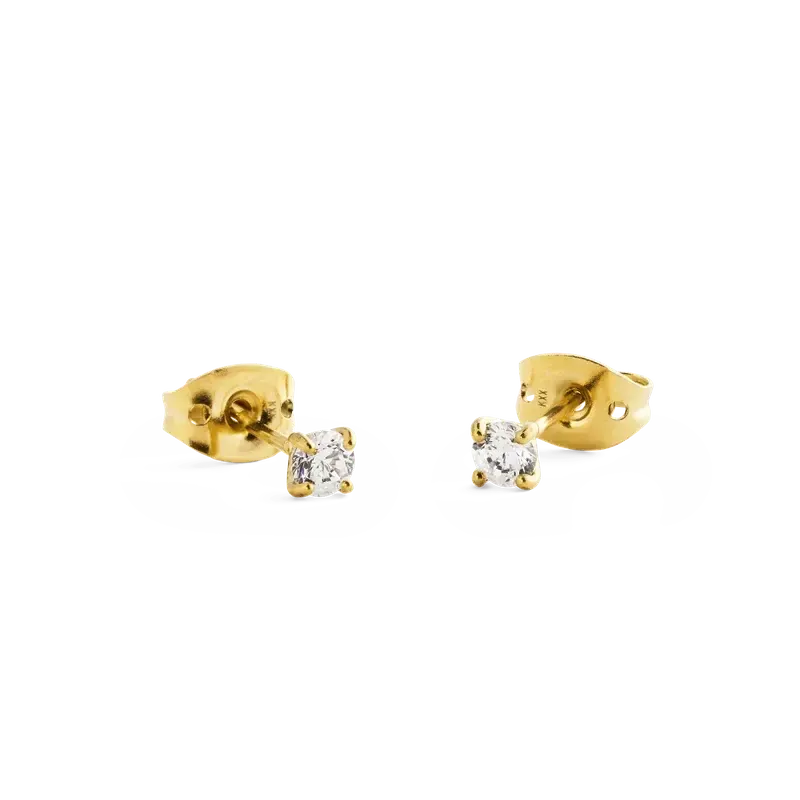 Daniel Wellington Mirelle gold solitaire stud earrings featuring a sparkling 3mm white round stone in stainless steel.