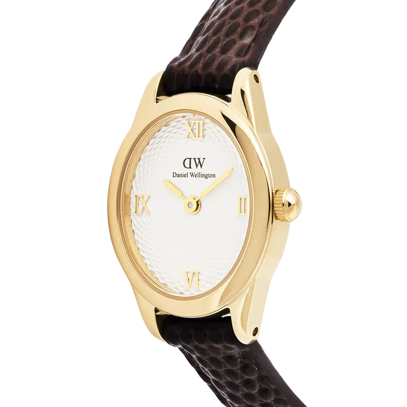 Daniel Wellington Ophelia Mini Dark Brown Lizard White Guilloché Gold Watch