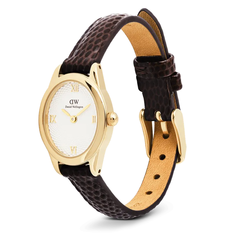 Daniel Wellington Ophelia Mini Dark Brown Lizard White Guilloché Gold Watch