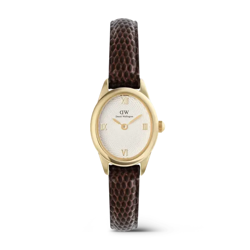 Daniel Wellington Ophelia Mini Dark Brown Lizard White Guilloché Gold Watch