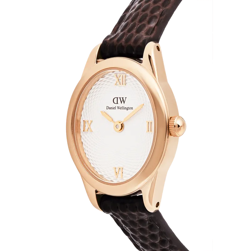 Daniel Wellington Ophelia Mini Dark Brown Lizard White Guilloché Rose Gold Watch