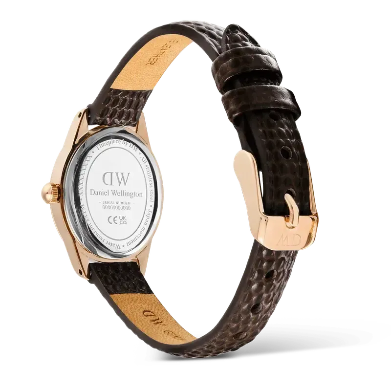 Daniel Wellington Ophelia Mini Dark Brown Lizard White Guilloché Rose Gold Watch