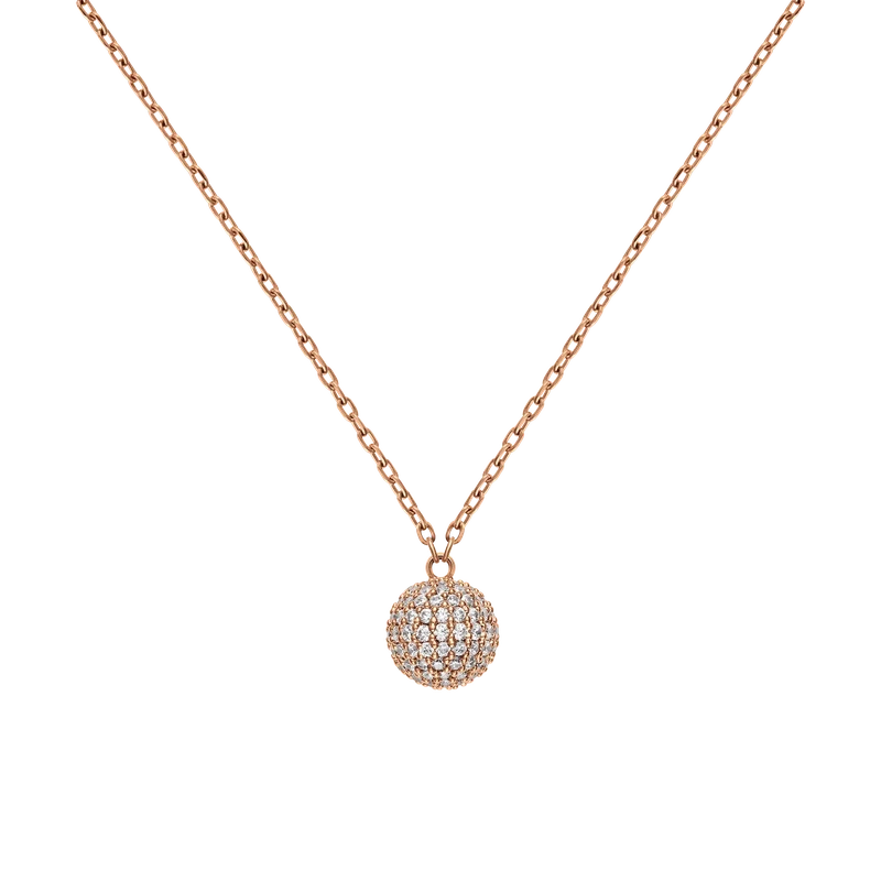 Daniel Wellington rose gold pendant necklace featuring a sparkling pavé crystal sphere on an adjustable stainless steel chain.