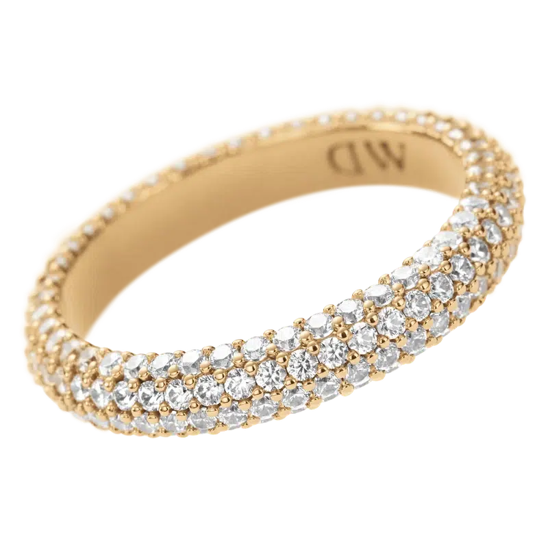 Daniel Wellington gold-plated brass ring featuring a sparkling pavé crystal band with a classic claw setting.