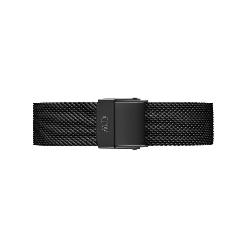 Daniel Wellington Petite Ashfield matte black stainless steel mesh watch strap with rose gold clasp detailing.