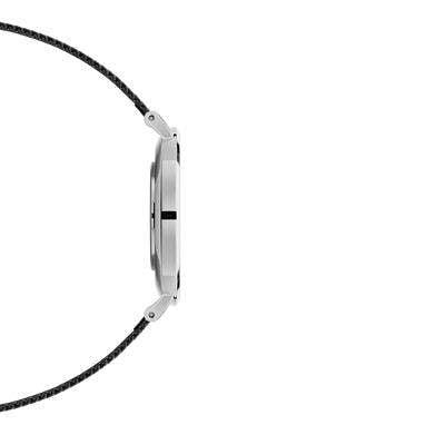 Side view of Daniel Wellington Petite Ashfield 36mm watch with silver case and sleek black mesh strap.