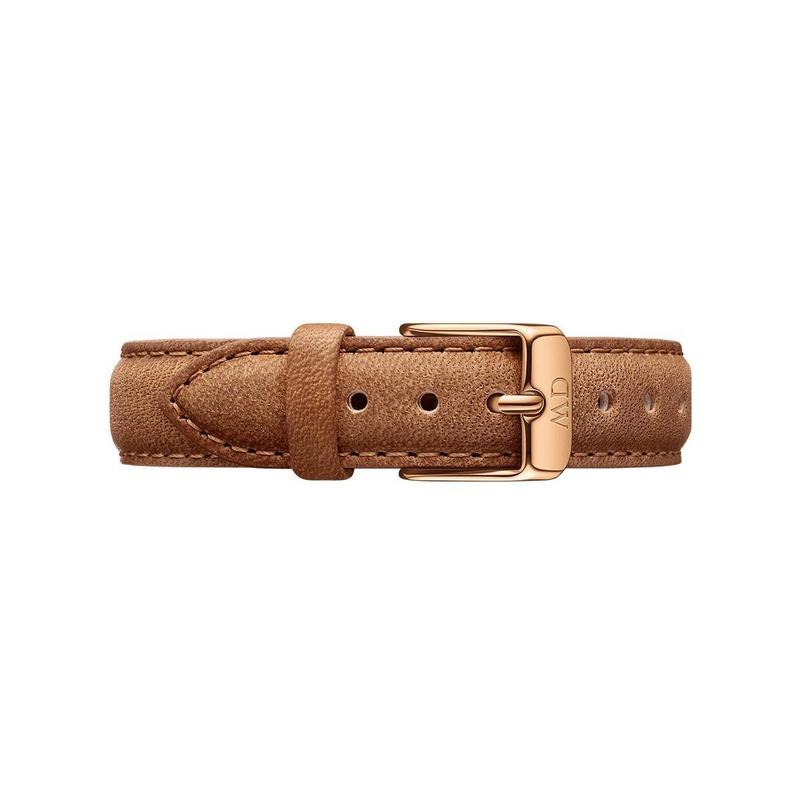 Light brown leather Durham watch strap with a polished rose gold buckle for 32mm Daniel Wellington Petite watches.