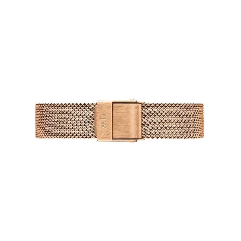 Elegant rose gold mesh watch strap with a secure fold-over buckle featuring the Daniel Wellington logo.