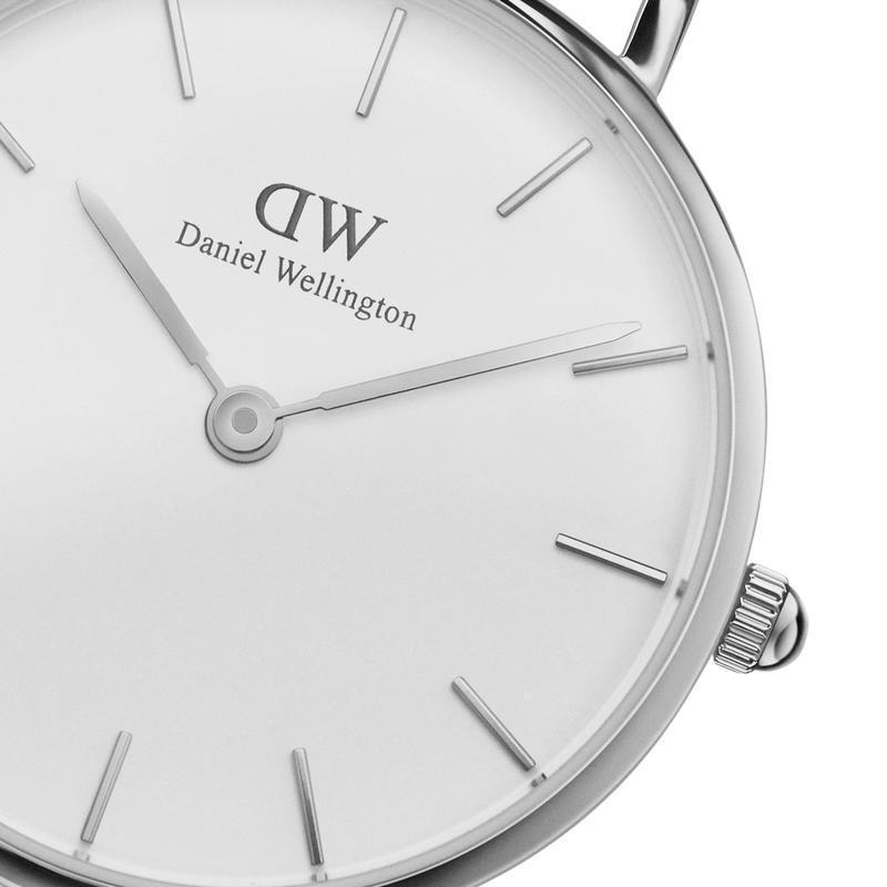 Daniel Wellington Petite 28mm watch featuring a sleek silver stainless steel case and an elegant eggshell white dial.