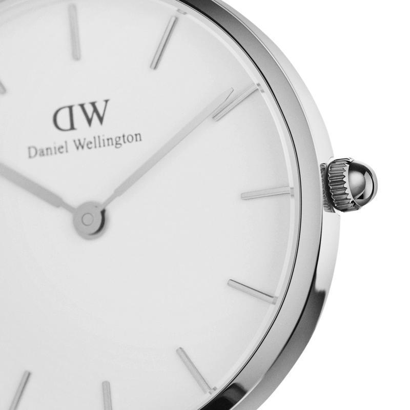 Daniel Wellington Petite 28mm watch featuring a sleek silver stainless steel case and elegant eggshell white dial.