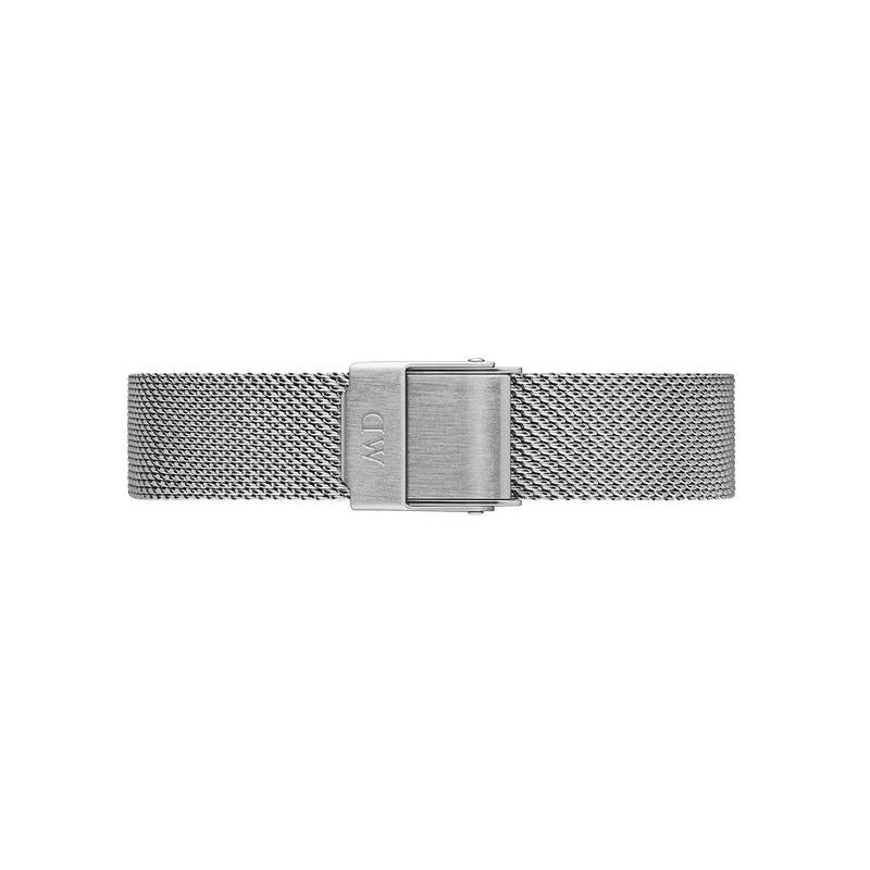 Daniel Wellington Petite 12mm silver stainless steel mesh watch strap with secure clasp.