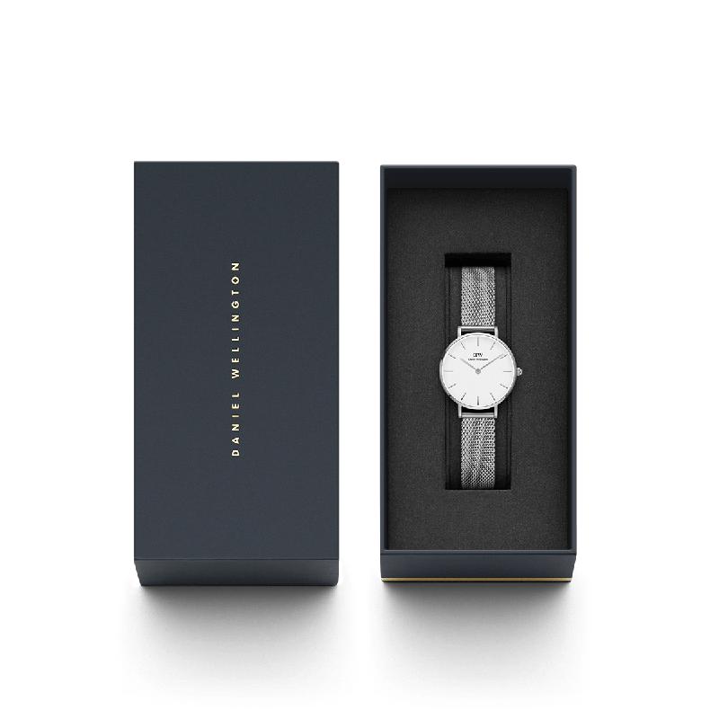 Daniel Wellington 28mm Petite Sterling watch with eggshell white dial and silver mesh strap in branded gift box.