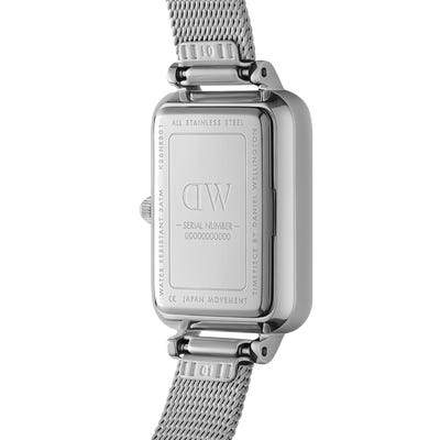 Back view of Daniel Wellington Quadro silver watch with stainless steel case and pressed mesh strap.