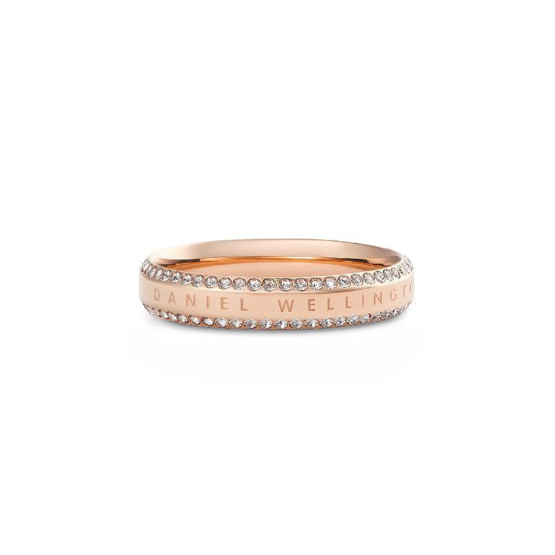 Polished rose gold Daniel Wellington Classic Aura Duo ring featuring two rows of sparkling white cubic zirconia crystals.