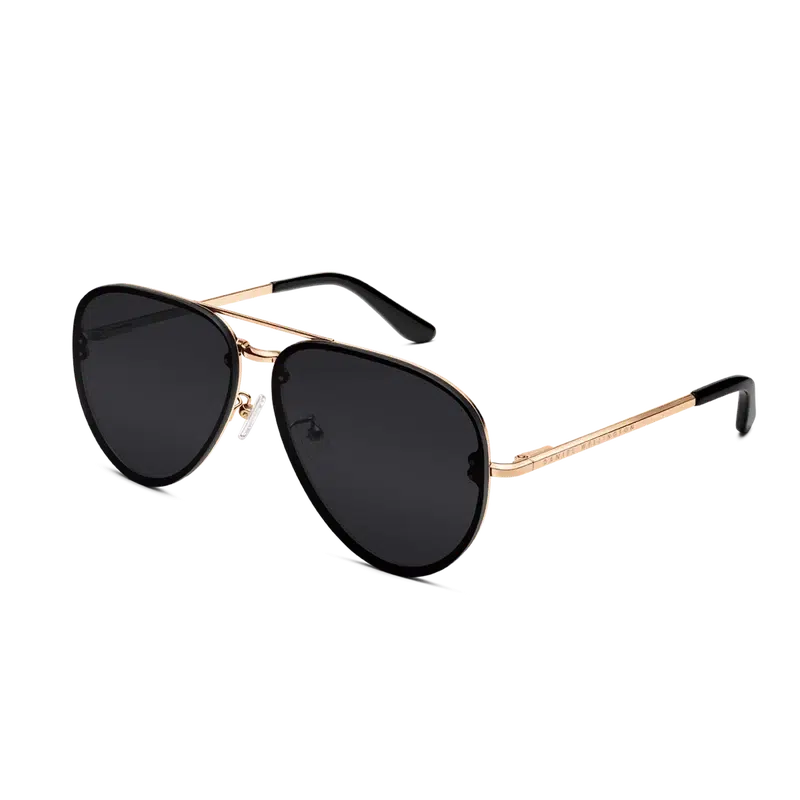 Daniel Wellington Avion aviator sunglasses featuring a rose gold stainless steel frame and black lenses.
