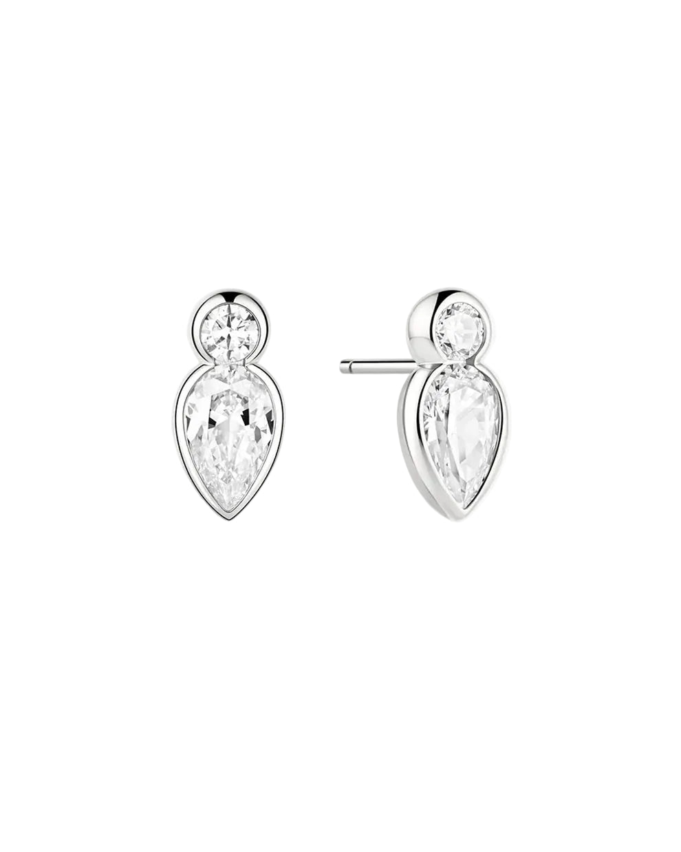 A pair of silver stud earrings with pear-cut clear gemstones, shown on a clean white background with one earring facing forward and the other showing the side profile and post.