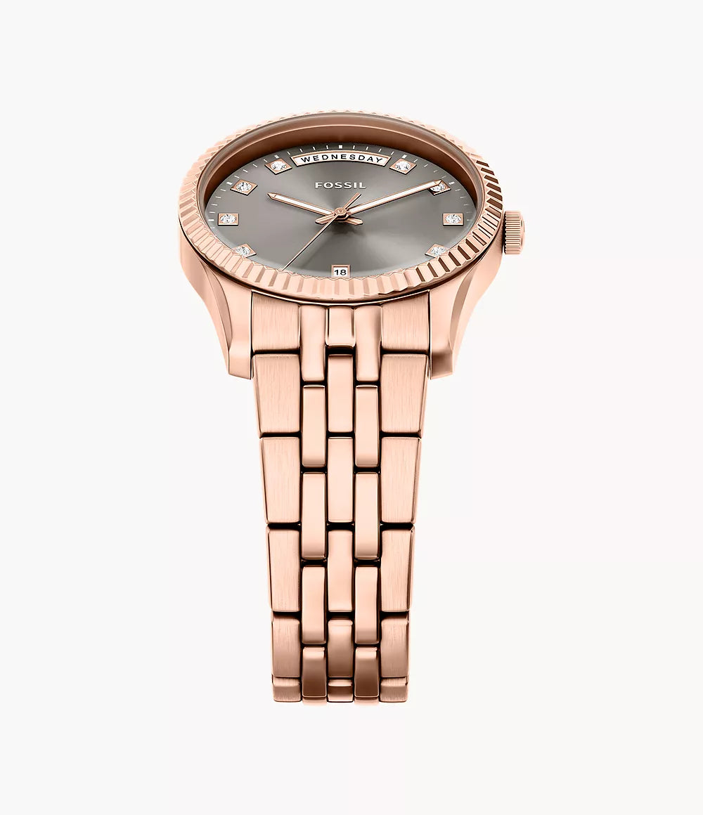 Fossil Scarlette Three-Hand Day-Date Rose Gold-Tone Stainless Steel Women's Watch