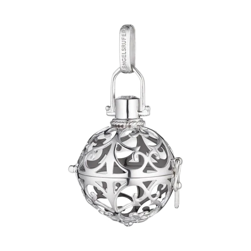 Silver Engelsrufer sound ball locket pendant featuring an intricate, ornate filigree cage design with a branded bail.