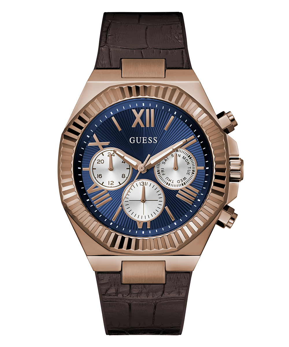 GUESS Men's Equity Brown Coffee Multi‑Function Watch with Blue Dial