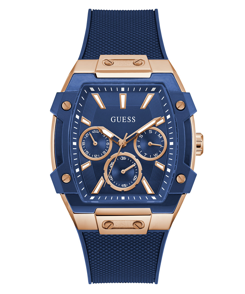 GUESS Men's Blue Rose Gold Multi-Function Watch with Silicone Strap