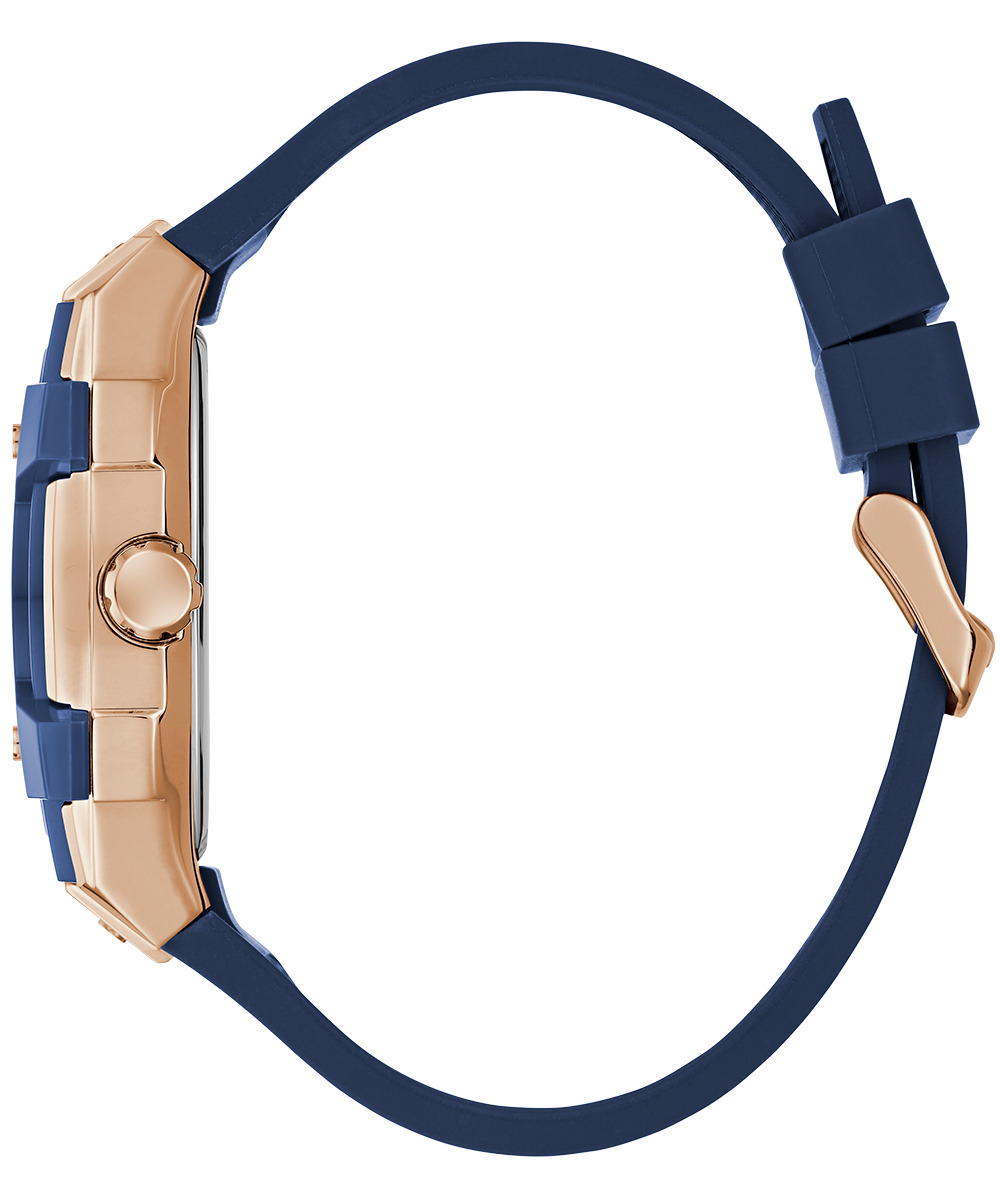 GUESS Men's Blue Rose Gold Multi-Function Watch with Silicone Strap