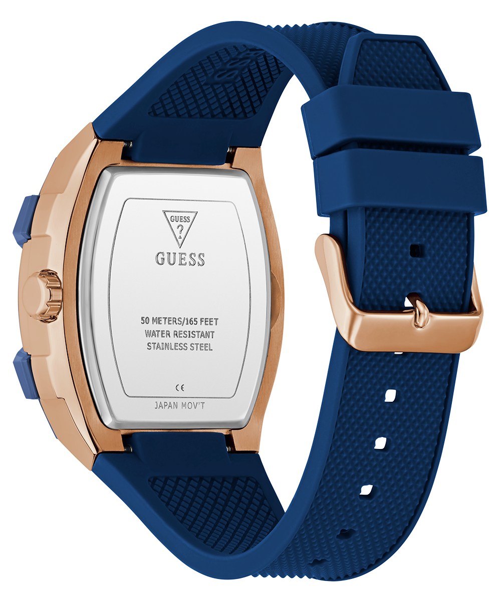 GUESS Men's Blue Rose Gold Multi-Function Watch with Silicone Strap