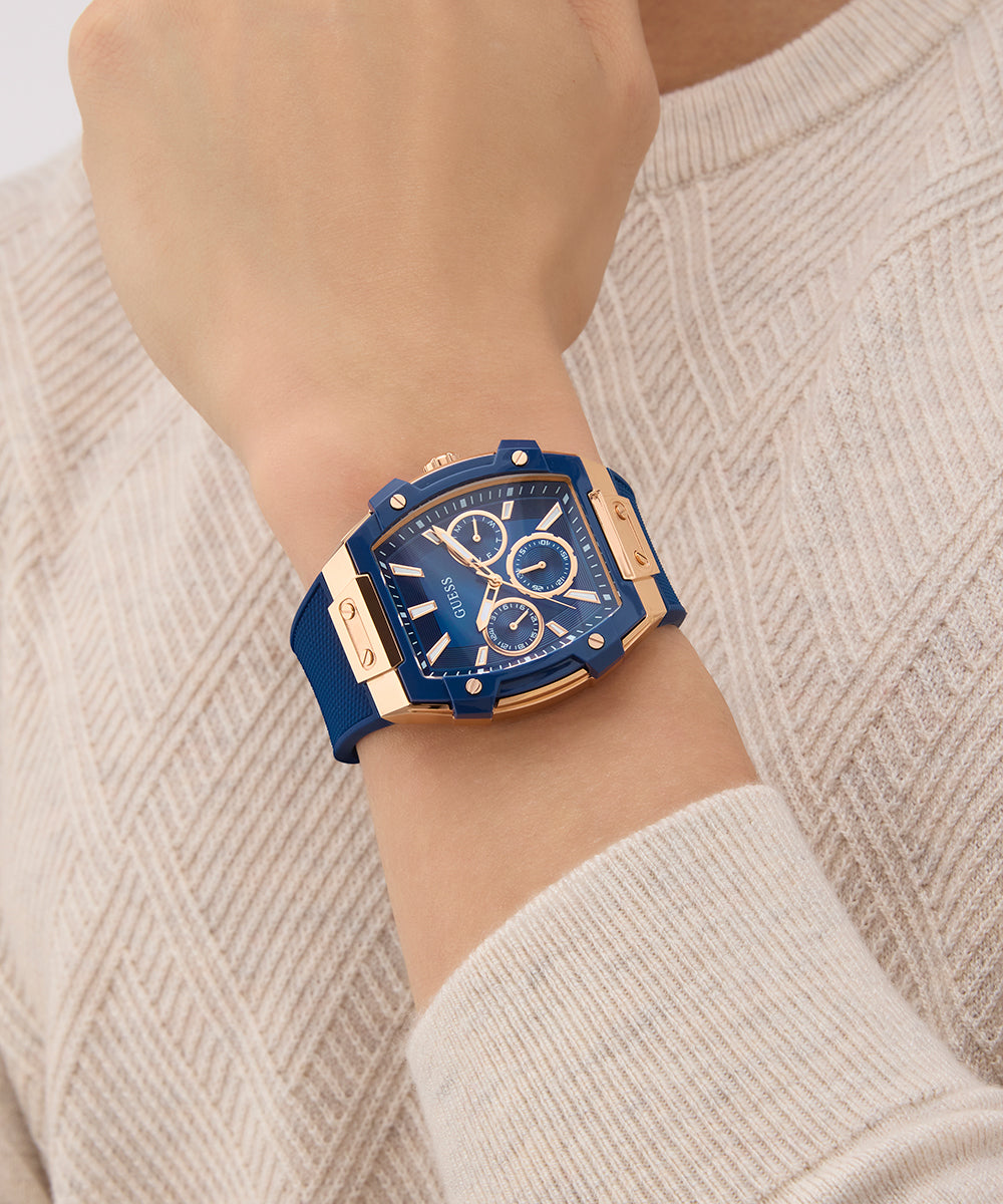 GUESS Men's Blue Rose Gold Multi-Function Watch with Silicone Strap
