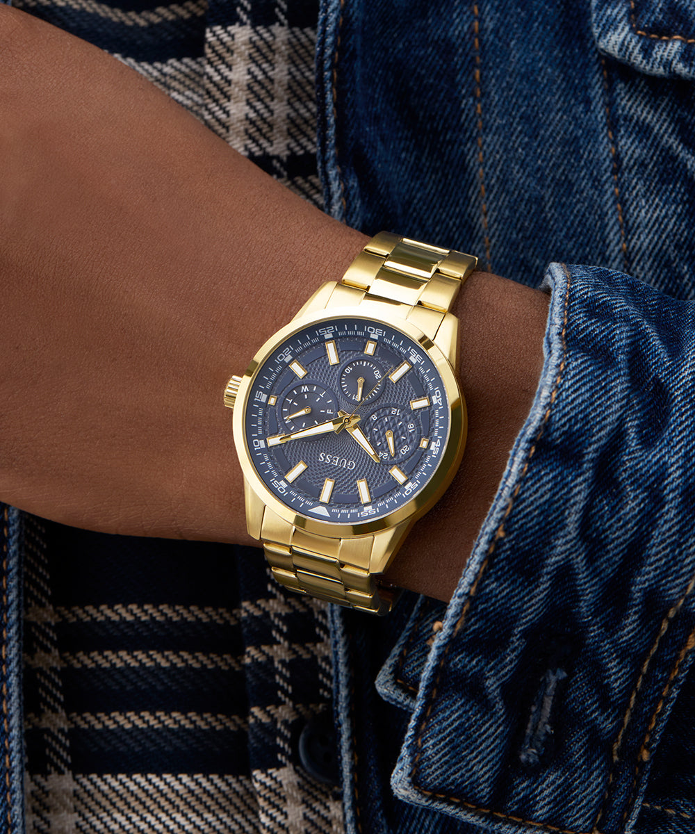 GUESS Men's Gold Tone Multi-Function Watch with Blue Dial