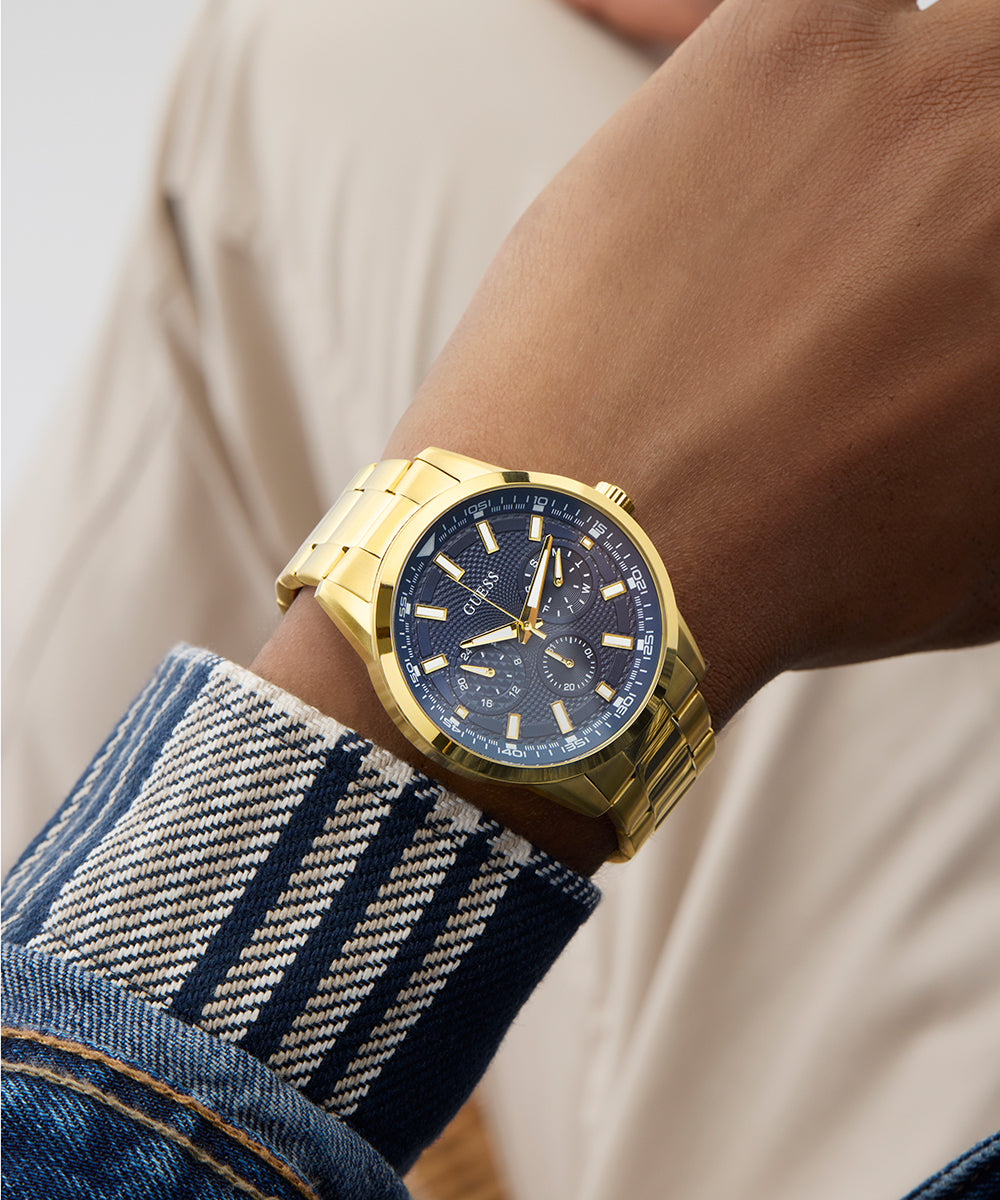 GUESS Men's Gold Tone Multi-Function Watch with Blue Dial