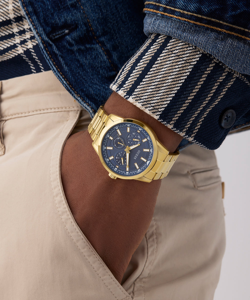 GUESS Men's Gold Tone Multi-Function Watch with Blue Dial