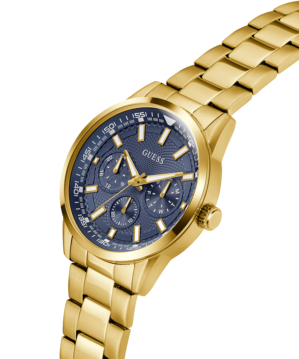 GUESS Men's Gold Tone Multi-Function Watch with Blue Dial