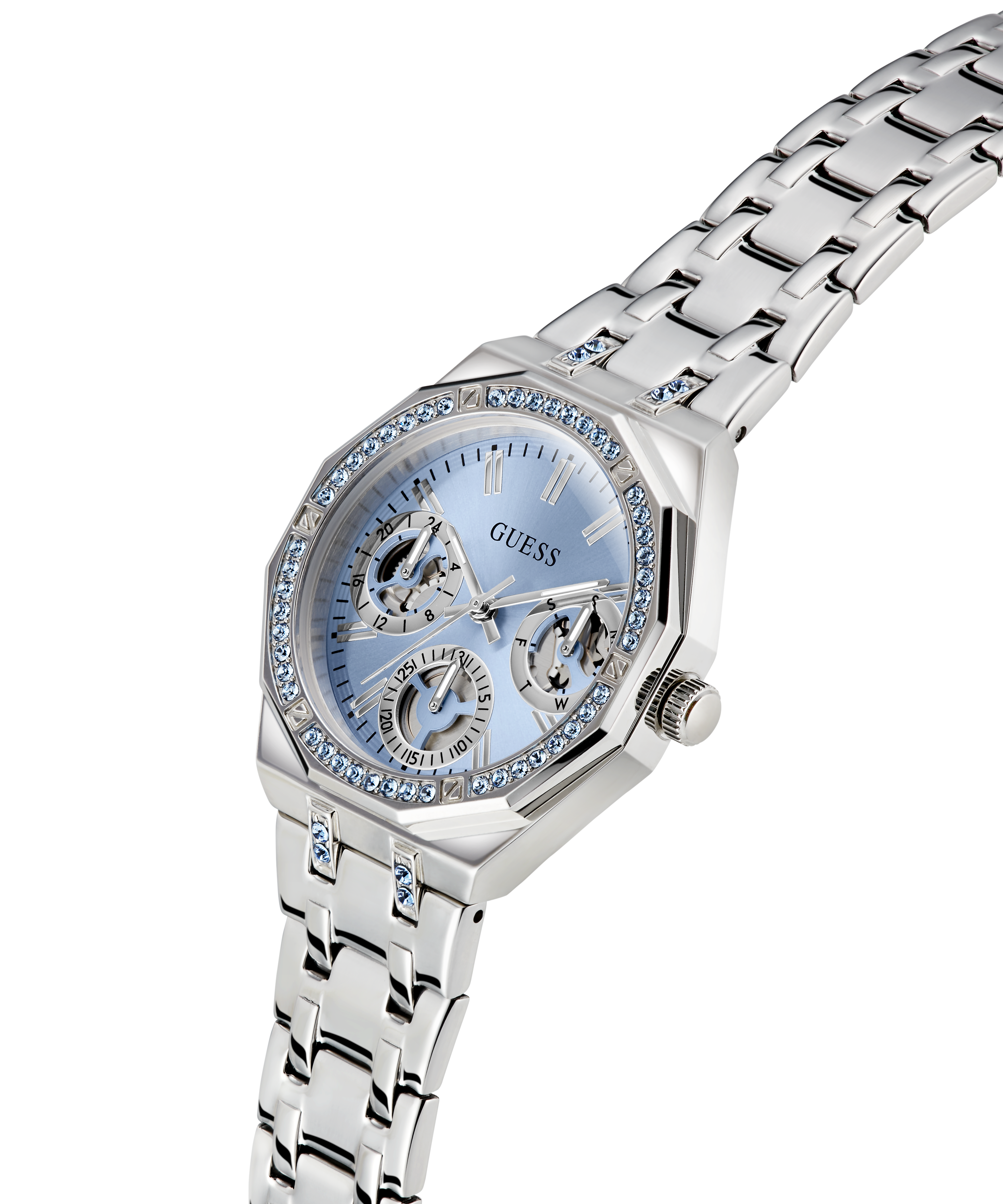 GUESS Ladies Silver Tone Multi-function Watch with Swarovski Crystals