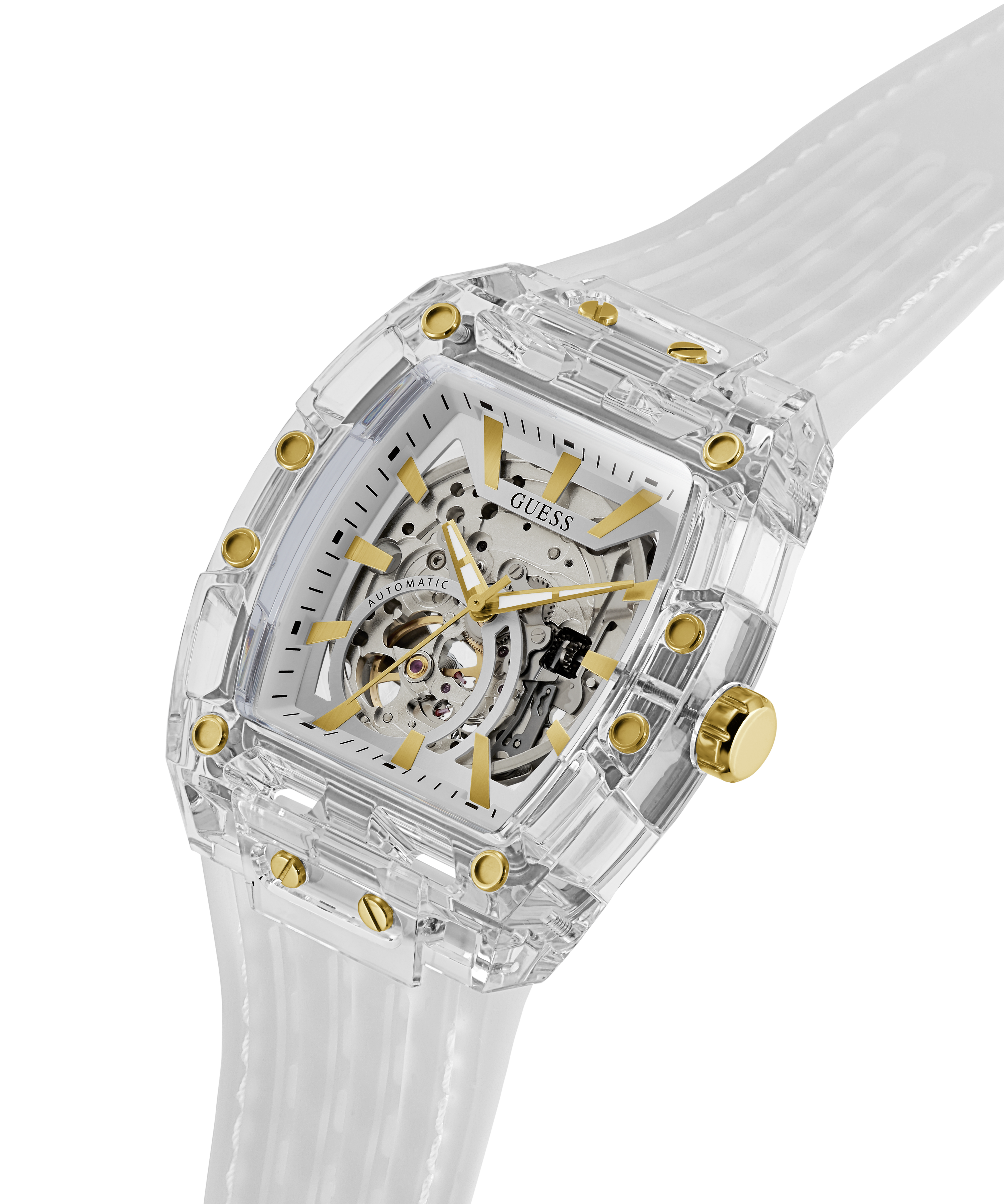 GUESS Men's Clear Analog Watch with Silicone Strap 42mm