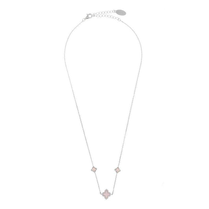 Georgini sterling silver necklace with three mother-of-pearl clover charms and adjustable 55cm chain.