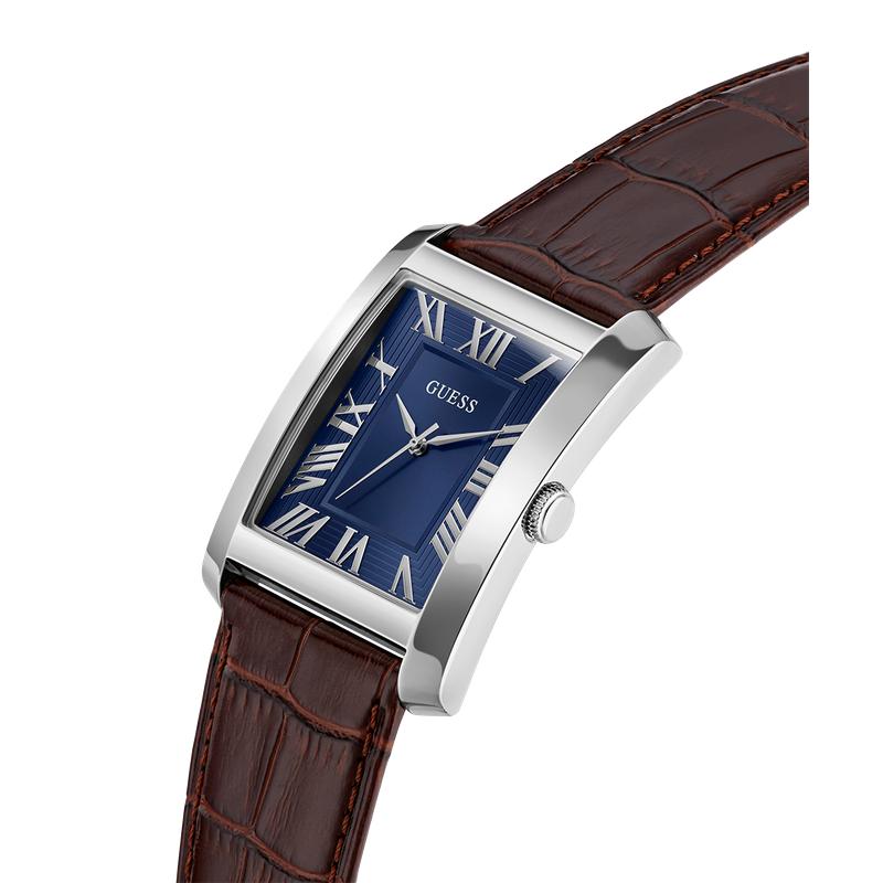 Guess Brown Leather Analog Watch – Silver Tone Case, Blue Dial