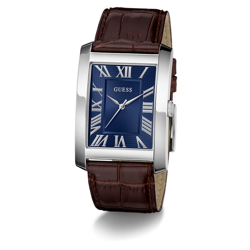 Guess Brown Leather Analog Watch – Silver Tone Case, Blue Dial