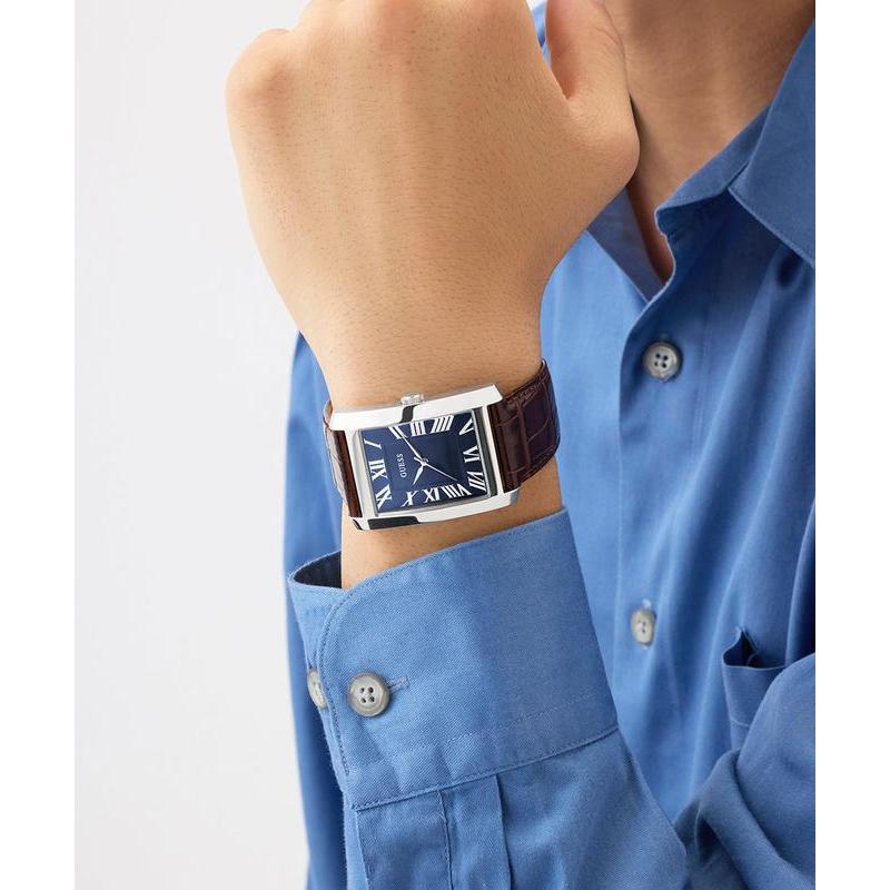 Guess Brown Leather Analog Watch – Silver Tone Case, Blue Dial