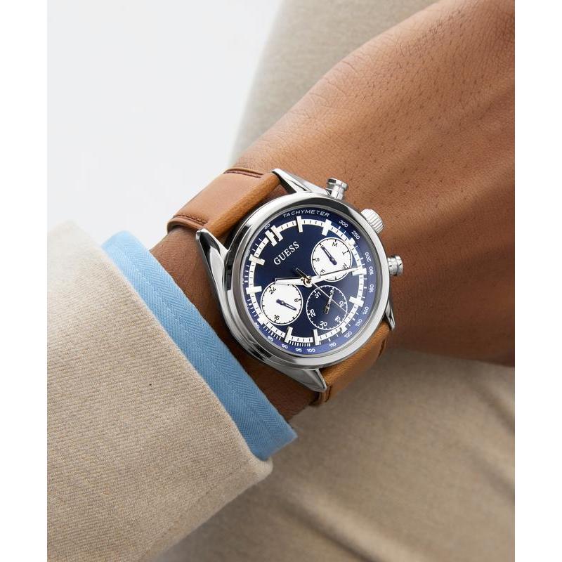 Guess Brown Leather Strap Blue Dial Multi-Function Watch