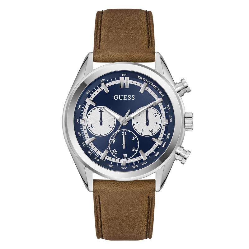 Guess Brown Leather Strap Blue Dial Multi-Function Watch