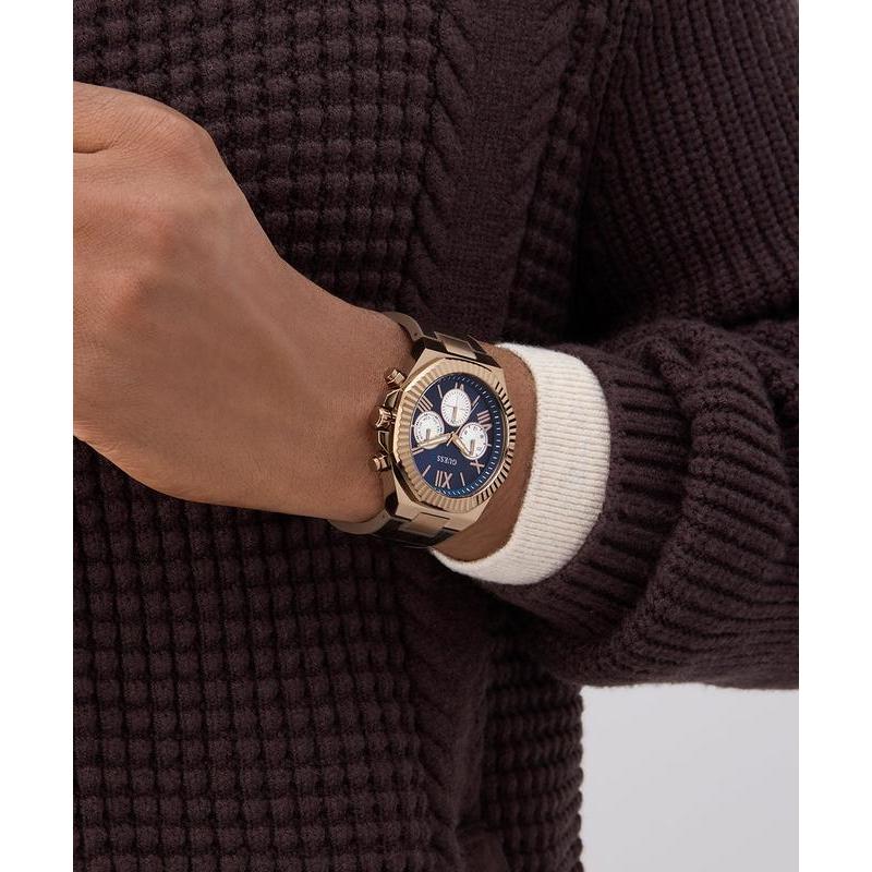 Guess Equity Brown Coffee Multi‑Function Watch with Blue Dial